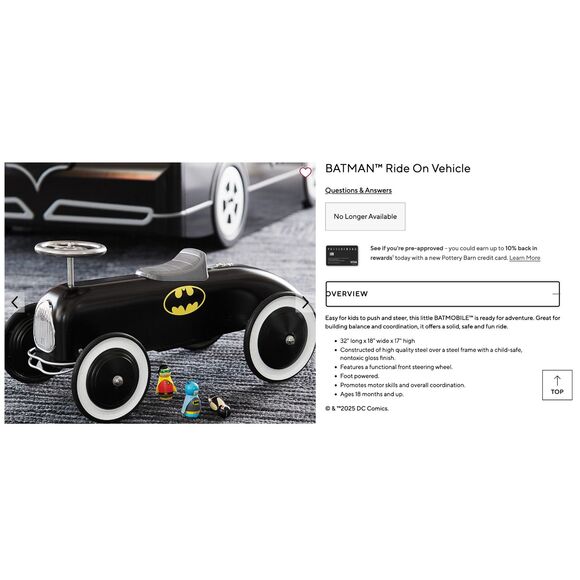 RARE - HTF - Pottery Barn retro vintage style Batman Batmobile Ride-On - Picture 4 of 10